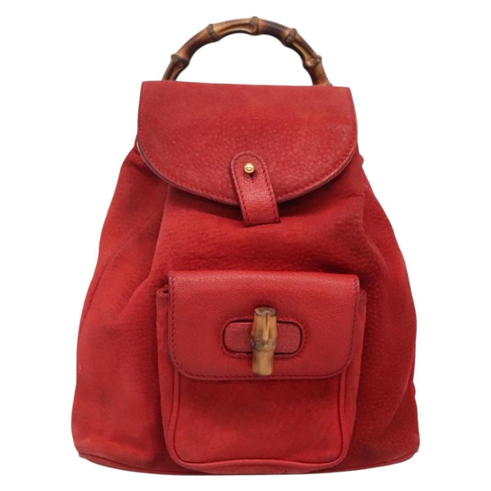 GUCCI Bamboo Backpack Suede Leather Red Gold 003 58 0030 Auth ar13675 - Picture 13 of 16